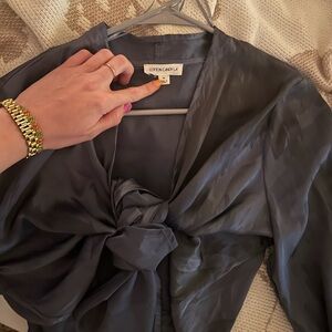 Silk blue Satin Blouse with tied bow